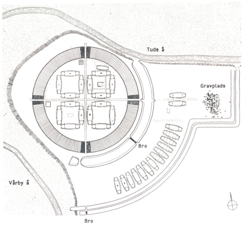 Oversigtstegning der viser ringvold, portene, husene og forborgen